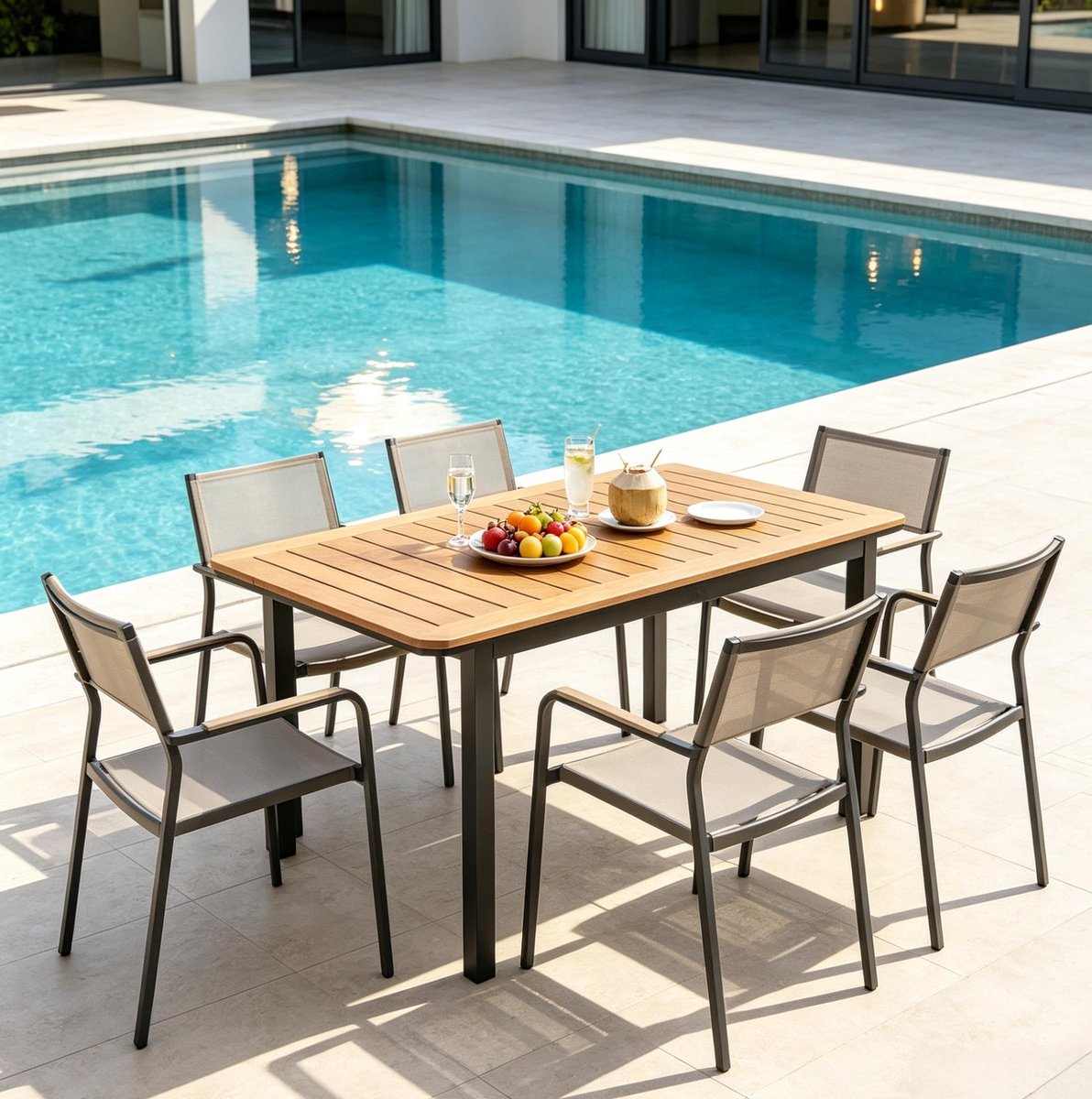 OKWISH Tuintafel Rechthoekige Eettafel Voor 6 Personen Met Houtlook Blad Weerbestendig Metaal Bruin 127 X 70 X 75 Cm