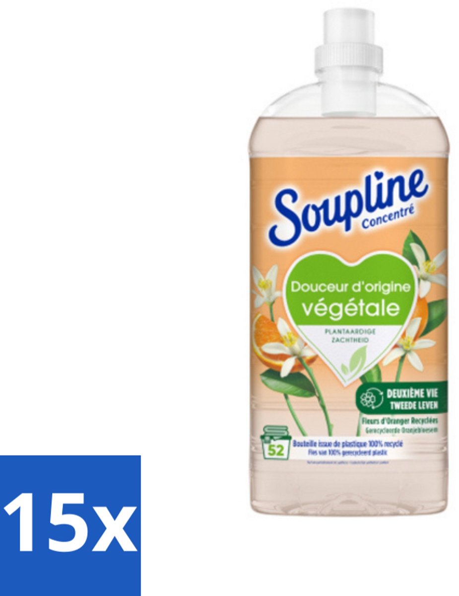 15 x Soupline - Wasverzachter - Oranjebloesem - 52 Wasbeurten - 1.3L - Wasverzachter - Plantaardige Zachtheid - Oranje Bloesem - Zachte Was - Natuurlijke Zachtheid