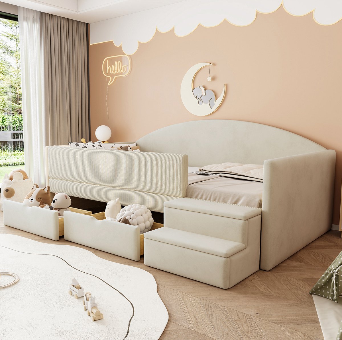 Wishdor Slaapbank 90x190 cm - Met opbergruimte en uitvalbeveiliging - Met dubbele lades en traptrede - Voor kinderkamer - Stof - Beige - 201 x 98,5 x 69,5 cm