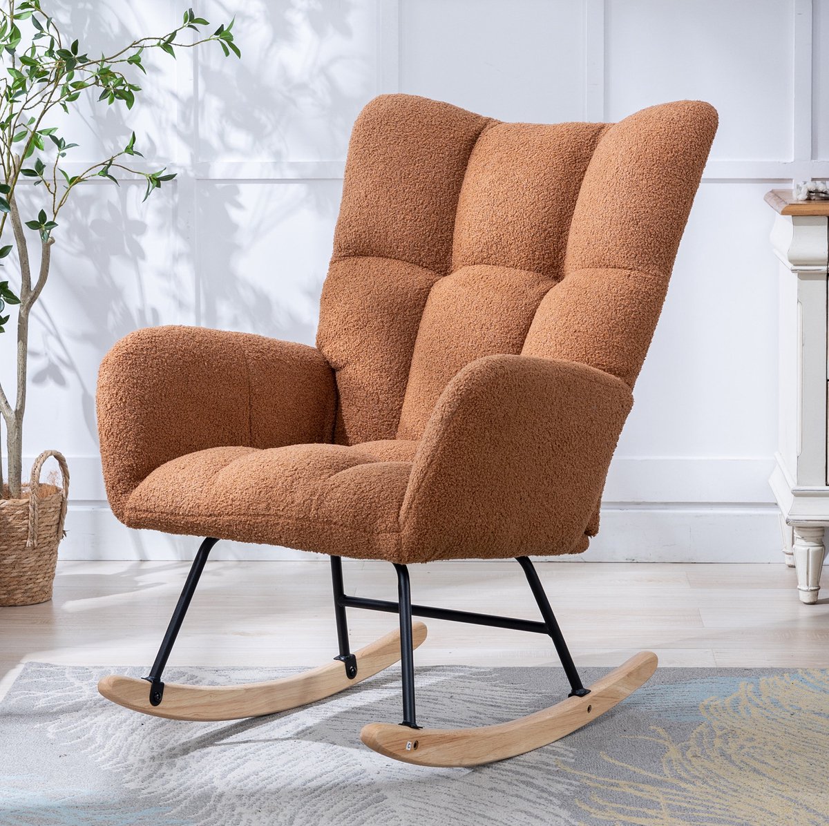 COVREO Schommelstoel fauteuil 65x77x90 cm bruin pluche stof met armleuningen en houten onderstel Brown