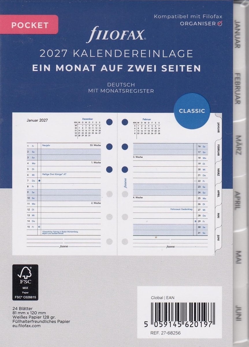 Elzusha - Agenda Inlegger Pocket 1 Maand op 2 Pagina's Duits 2027