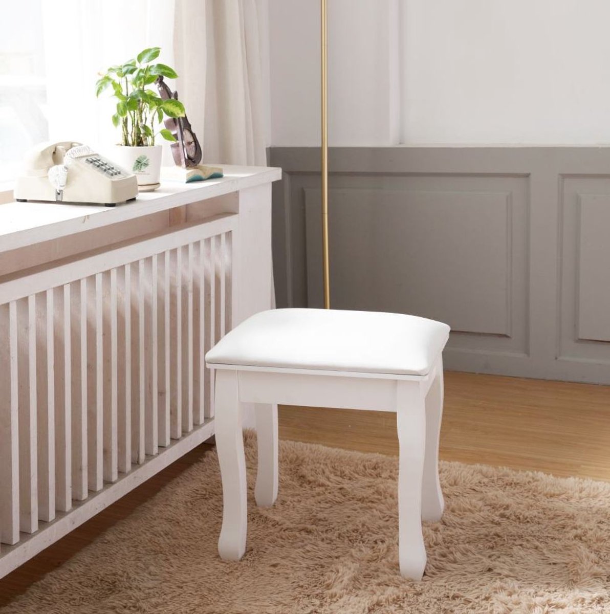 Wishdor Make-upkrukje - Vierkante zitting - Zacht gevoerd rugloos - Modern - Slaapkamer woonkamer badkamer pianokamer - Kunstleer hout - Wit - 43 x 33 x 45 cm