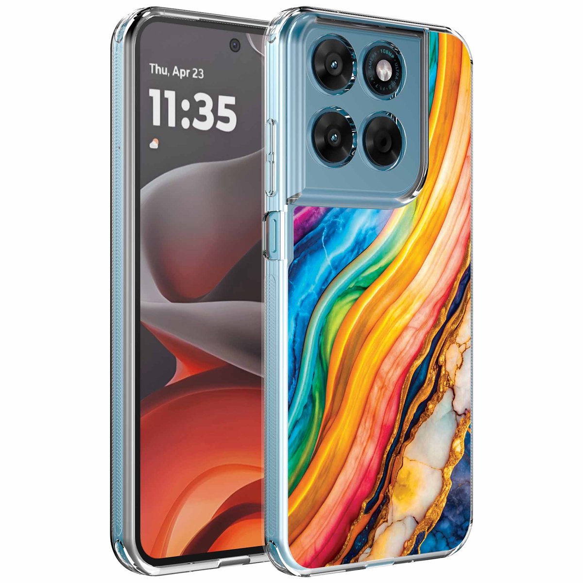 Smartphonica Geschikt voor Motorola Moto G15 Telefoonhoesje met Goud Regenboog Marmer opdruk - Draadloos op te laden - Shockproof Siliconen TPU Strong Case - Sterk Schokbestendig Telefoonhoesje geschikt voor Motorola Moto G15