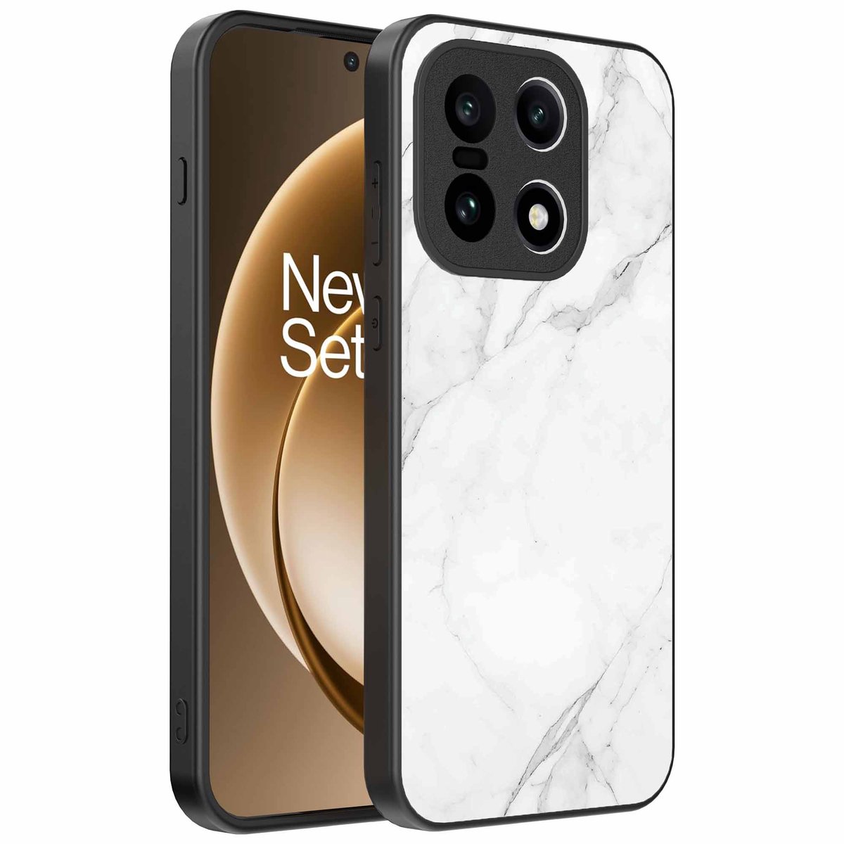 Geschikt voor OnePlus 15 Telefoonhoesje met Wit Marmer Opdruk - TPU Backcover Case White Marble Design - Zwart - Smartphonica geschikt voor OnePlus 15