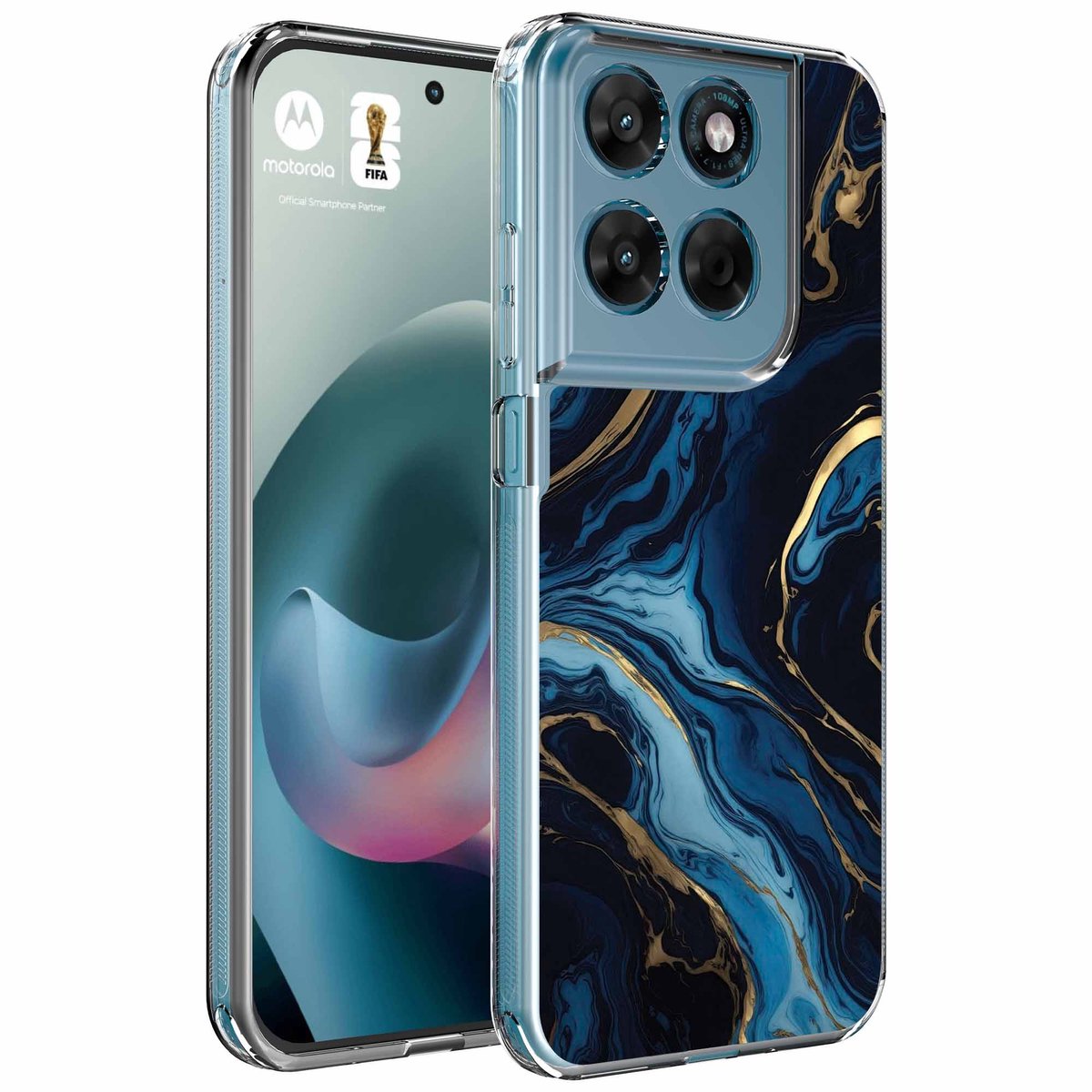 Smartphonica Geschikt voor Motorola Moto G77 Telefoonhoesje met Goud Blauw Marmer opdruk - Draadloos op te laden - Shockproof Siliconen TPU Strong Case - Sterk Schokbestendig Telefoonhoesje geschikt voor Motorola Moto G77