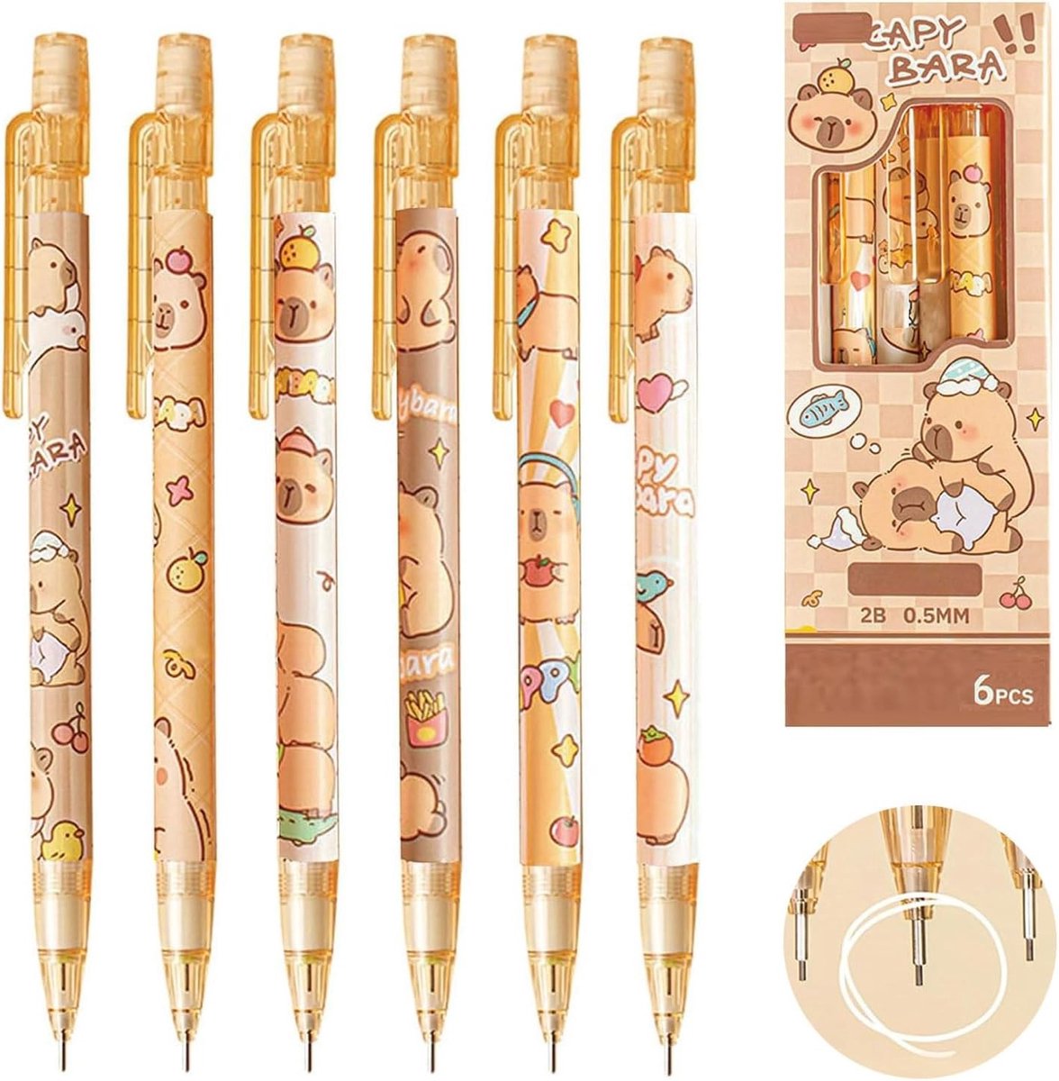 Uitwisbaar intrekbaar vulpotlood met 0,5 mm vulling, cartoon design, 6 stuks voor school en kantoor, perfect voor schrijfwaren en creatief gebruik