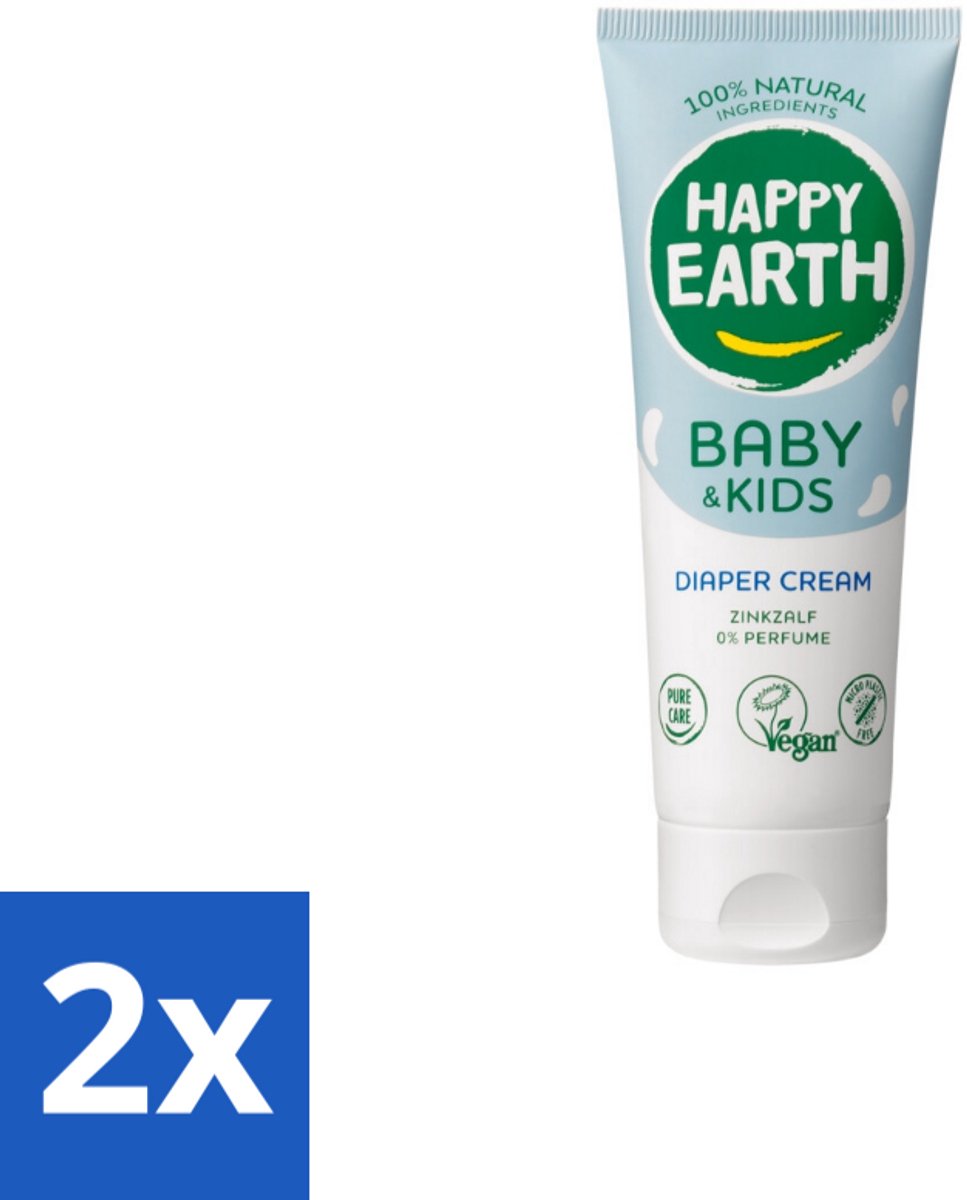 2 x Happy Earth – Diaper Cream – 100% Natuurlijk Baby & Kids – 75 ml - Babybillenbescherming - Luieruitslag Voorkomen - Zachte Babyhuid - Zinkoxide Crème - Natuurrustende Crème