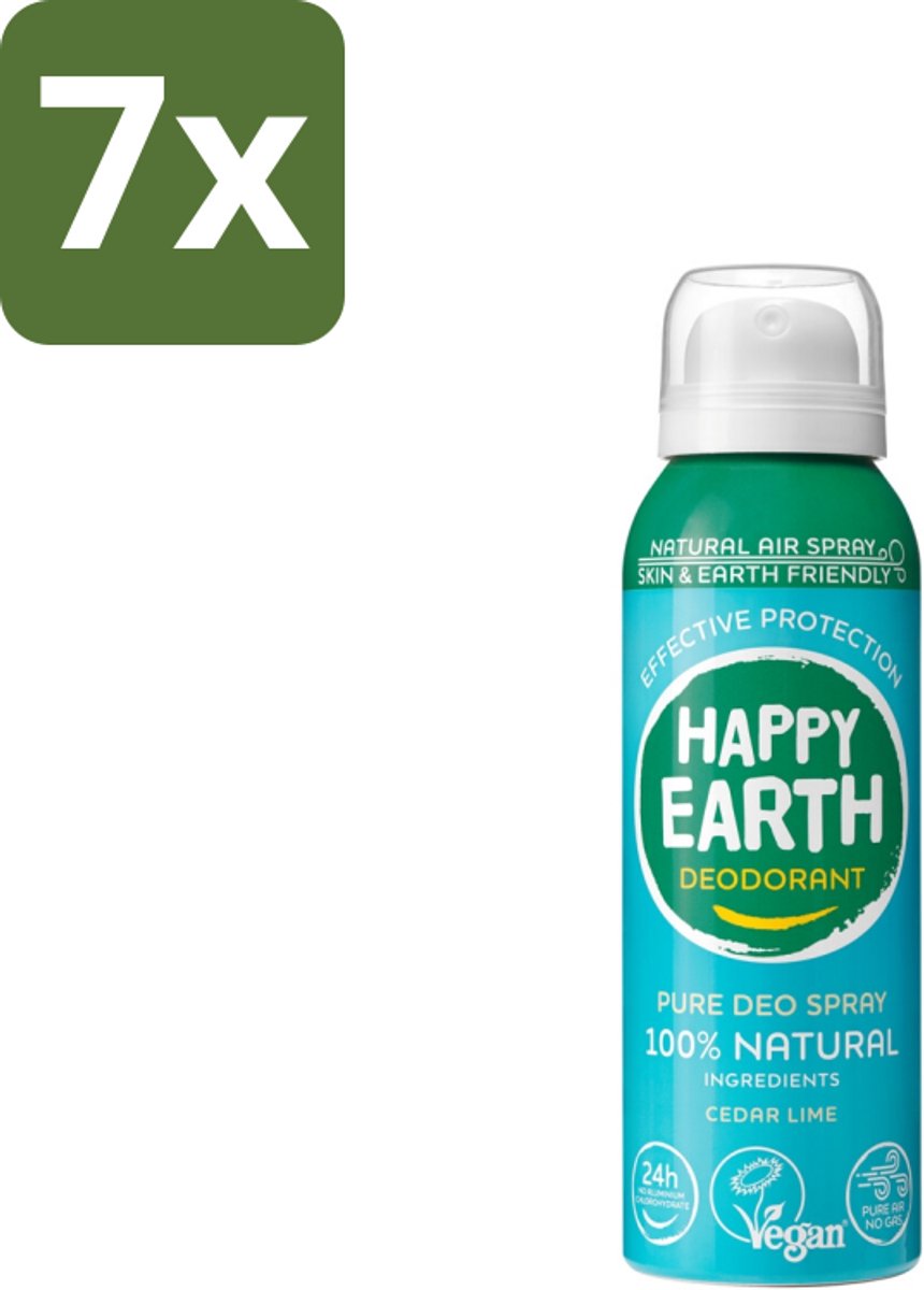 7 x Happy Earth – Deodorant Natural Air Spray – 100% Natuurlijk Cedar Lime – 100 ml - 100% Natuurlijke Deodorant - Ceder Lime Spray - Frisse Geur - Aerosol Deodorant - Natuurlijke Deodorant