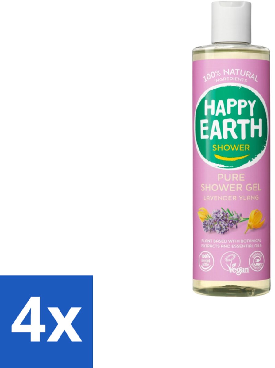 4 x Happy Earth – Douchegel – 100% Natuurlijk Lavender Ylang – 300 ml - Douche Gel - Natuurlijke Douche - Lavendel Douche - Ylang-ylang Douche - Vegan Douche