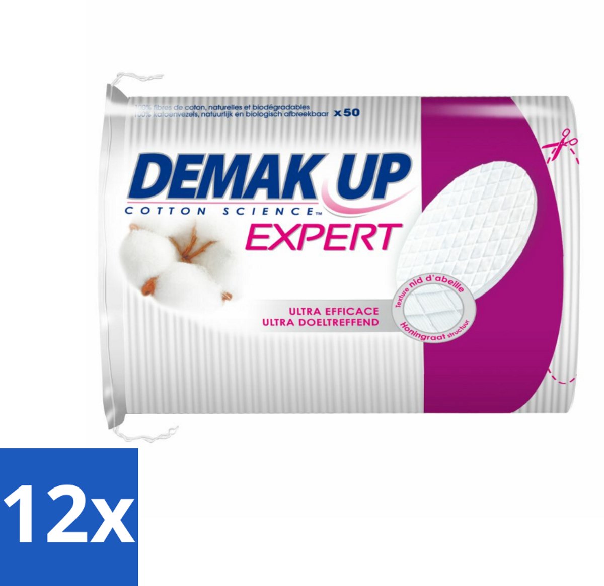 12 x Demak'Up – Wattenpads Duo Maxi – 100% katoen & biologisch afbreekbaar – 50 wattenschijfjes - Make-up Verwijderen - Gezicht Reinigen - Huid Verzorgen - Katoen Wattenpads - Biologisch Afbreekbaar