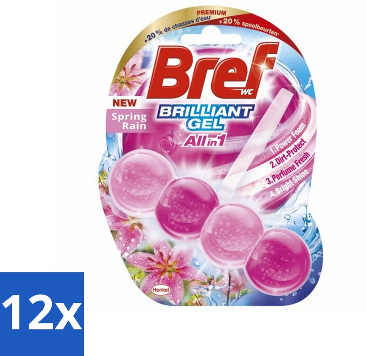 12 x Bref - Toiletblok - Brilliant Gel - Spring Rain - 42g - Toilet Reinigen - Toilet Fris - Toilet Glans - Toilet Hygiëne - Toilet Schoon