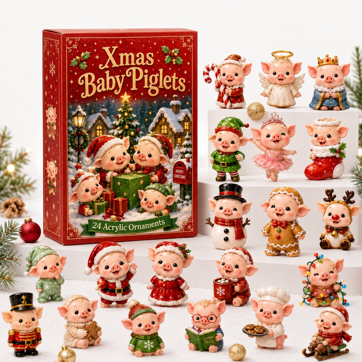 Namajunas Piglet Adventskalender 2026 - 24 Dagen - Kerst Countdown - Speelgoed - 24 2D Acryl Ornamenten - Voor Kinderen en Volwassenen