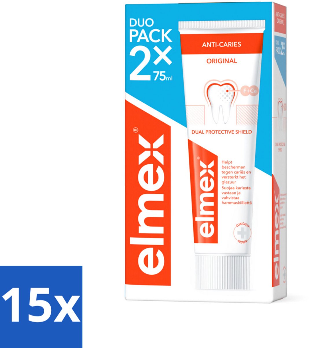 15 x Elmex – Tandpasta – Anti-Cariës – 2x75 ml - Tandpasta Tegen Gaatjes - Aminfluoride - Cariësbescherming - Remineralisatie - Tanden Beschermen