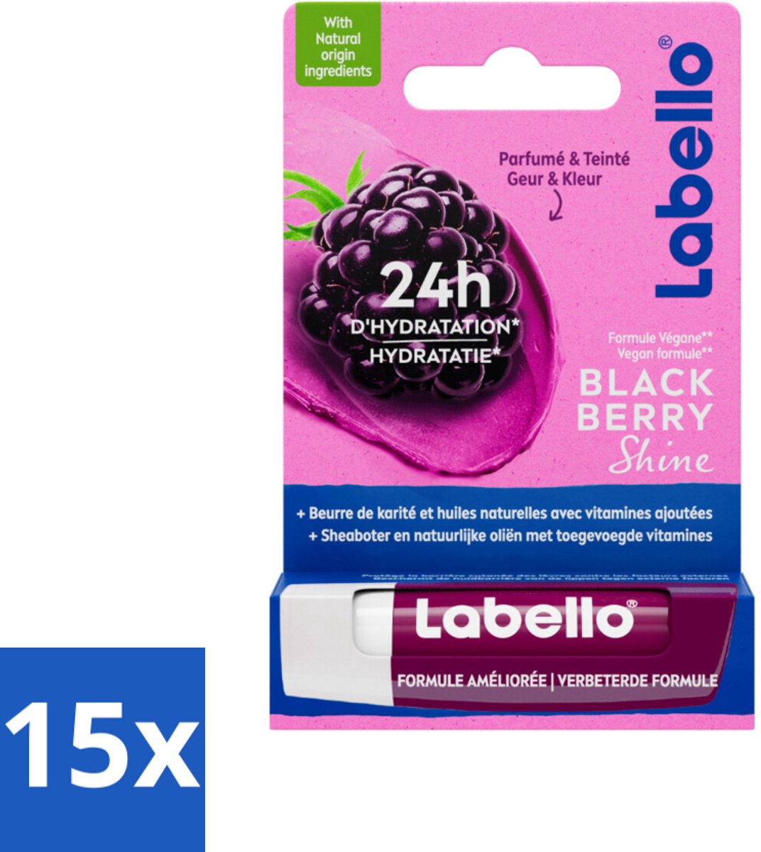 15 x Labello – Lippenbalsem – Blackberry Shine – Lippenbalsem – Shea Boter & Jojoba Olie – 5,5 ml - Lippenbalsem - Hydratatie - Shea Boter - Jojoba Olie - Glans