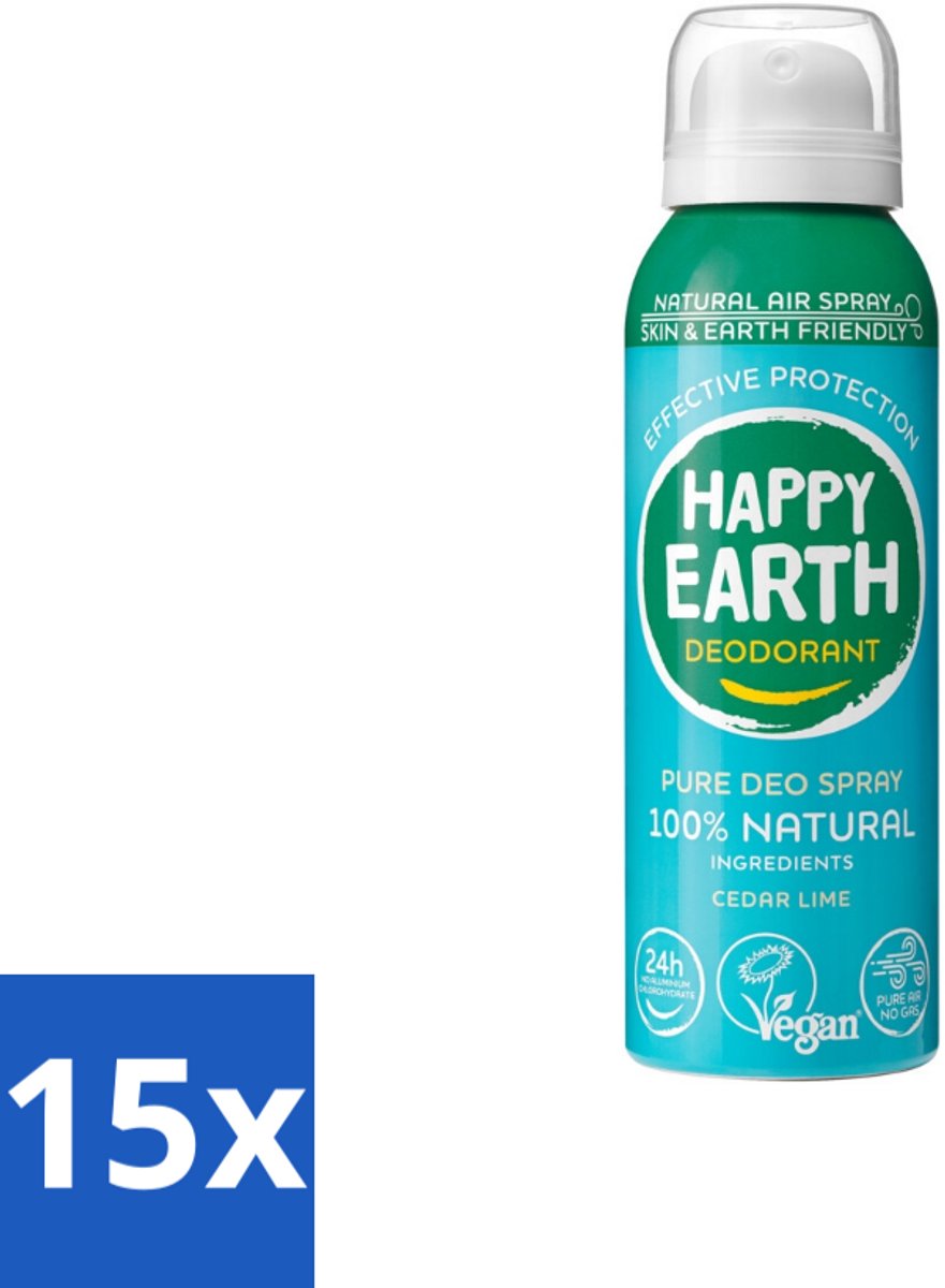 15 x Happy Earth – Deodorant Natural Air Spray – 100% Natuurlijk Cedar Lime – 100 ml - 100% Natuurlijke Deodorant - Ceder Lime Spray - Frisse Geur - Aerosol Deodorant - Natuurlijke Deodorant