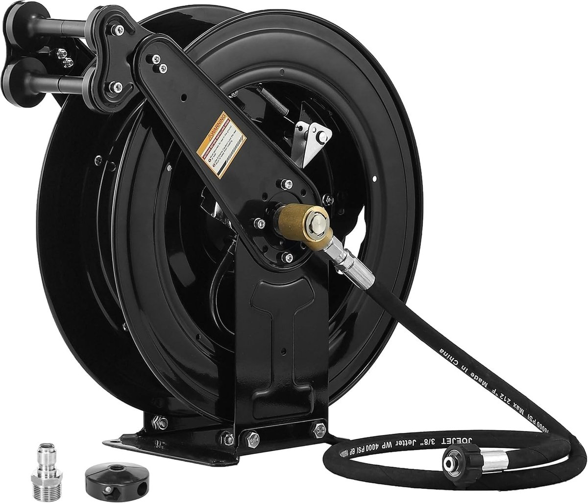Automatische Slanghaspel voor Hogedrukreiniger, Staal, 20 m, Dubbele Arm, 4000 PSI, Duurzaam en Efficiënt
