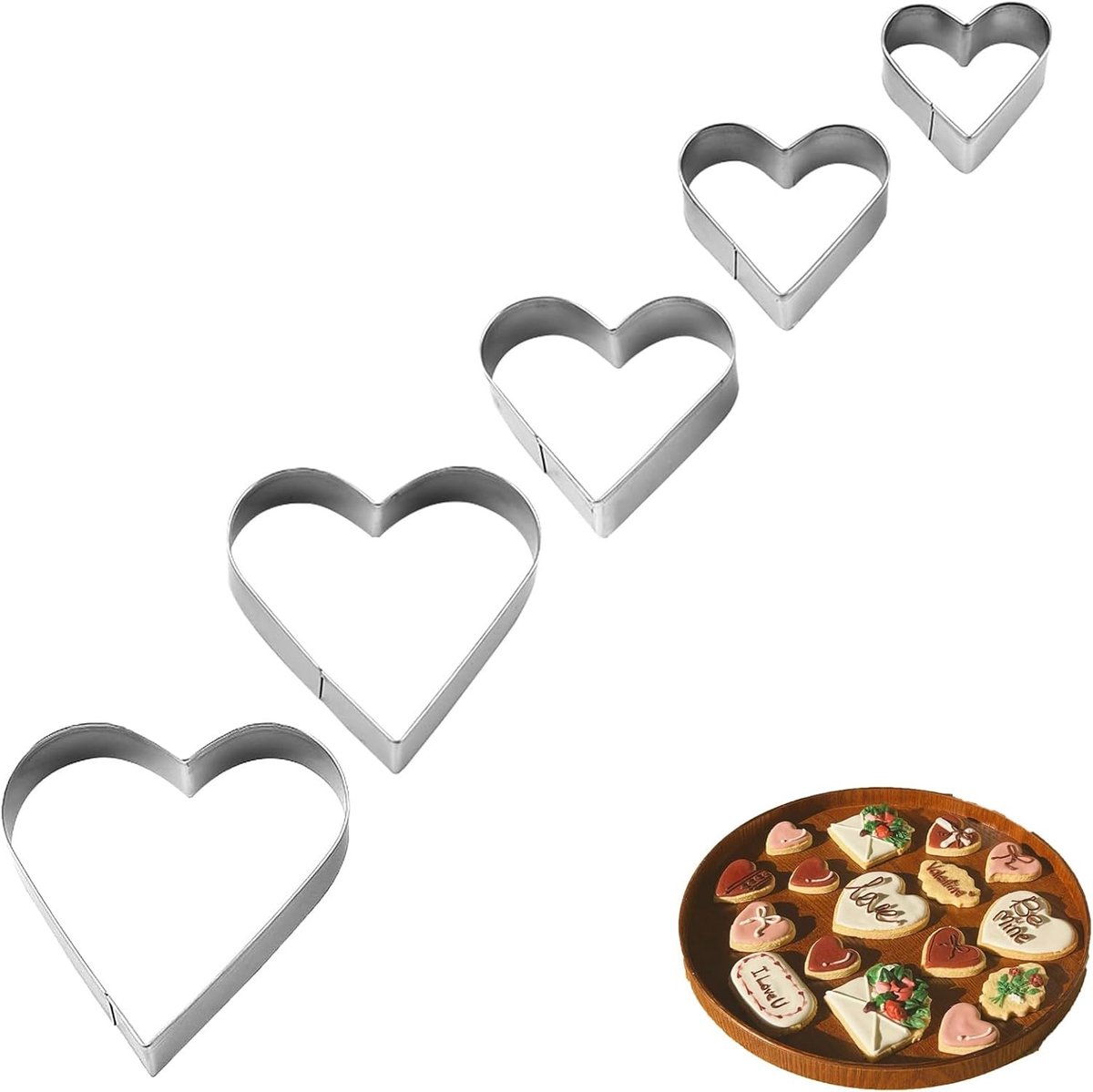Hartvormige uitsteekvormen, 5 stuks, roestvrij staal, perfect voor koekjes, cake en fondant, ideaal voor Valentijnsdag, verjaardagen en creatieve knutselprojecten