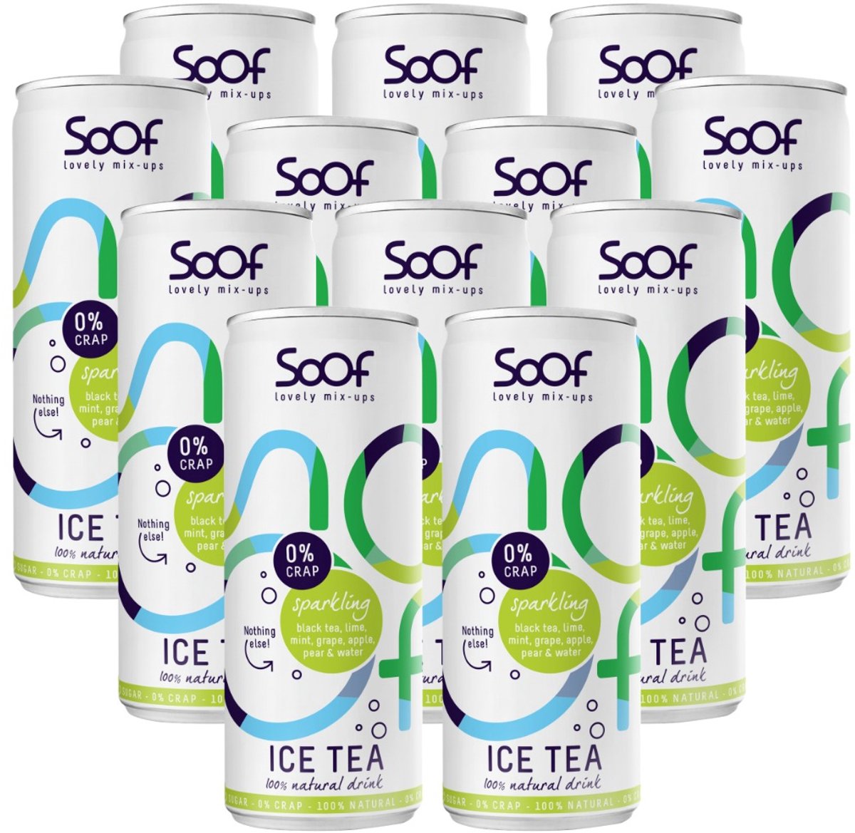 Soof Drinks - Frisdrank 0% Zooi -Sparkling Ice Tea - Black tea, Lime, Mint, Grape, Apple & Pear - blikjes 12 x 250ml