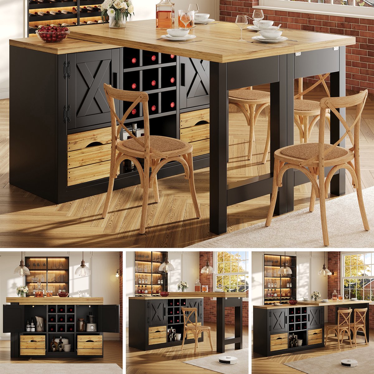 Clruro Keukeneiland - 120-197 x 40 x 72 cm - 360° Draaibaar - Lade en Wijnrek - MDF - Zwart