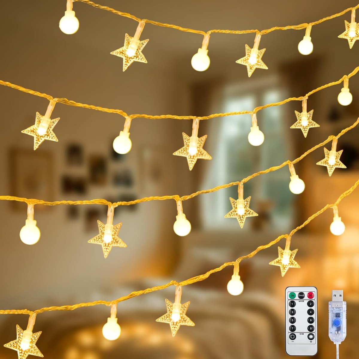 10m string lamp-feest lamp-USB-stekker voor voeding atmosfeer lamp-Kerstverlichting-LED buiten waterdichte string lamp-met afstandsbediening-8 patronen voor binnenshuis, tuin, terras, camping, kerstdecoratie-sterren + kristallen ballen Styling