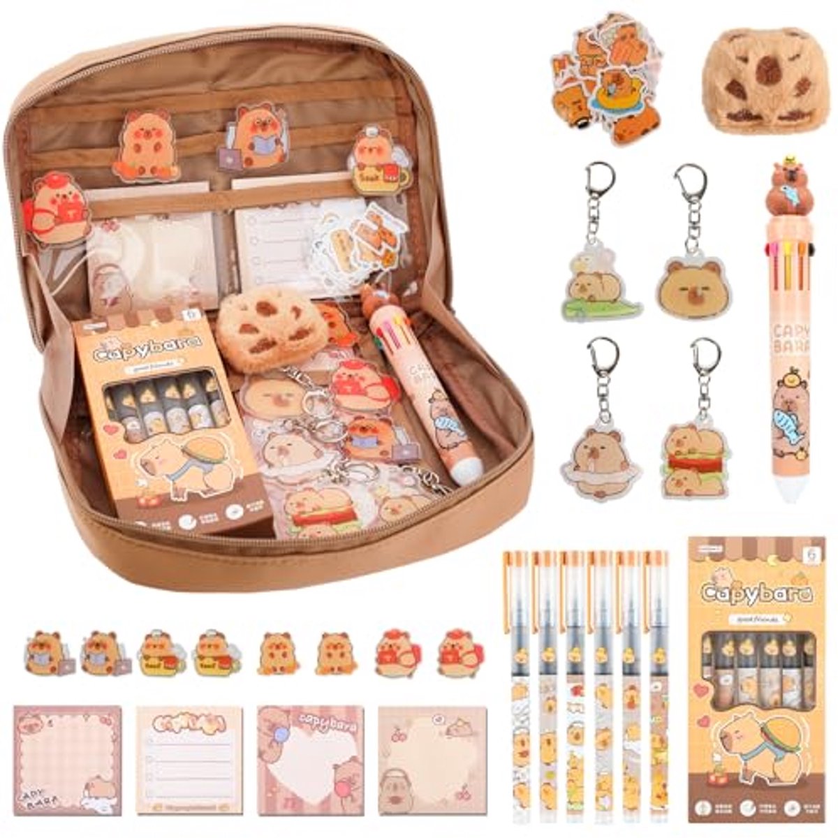 Namajunas - Set van 17 stuks Capibara etui - Met een brede opening van 90° - Sleutelhanger ringen - Etuis voor school - Pennenzak - Cadeau voor kinderen - Cadeauset - School spullen