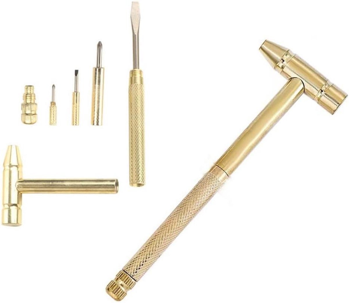 Multifunctionele Hamer Schroevendraaier - Compact Gereedschap - Precisie Reparatie - 6-in-1 Ontwerp - 160mm Lengte - Goud