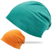 Gebreide muts – Unisex slouchy muts (set van 2) – Eenvoudig & elegant – Lichtgewicht – Zeer rekbaar – Geschikt voor alle seizoenen – Zacht & huidvriendelijk-Oranje+Groen(Hoofdomtrek: 56-62 cm)