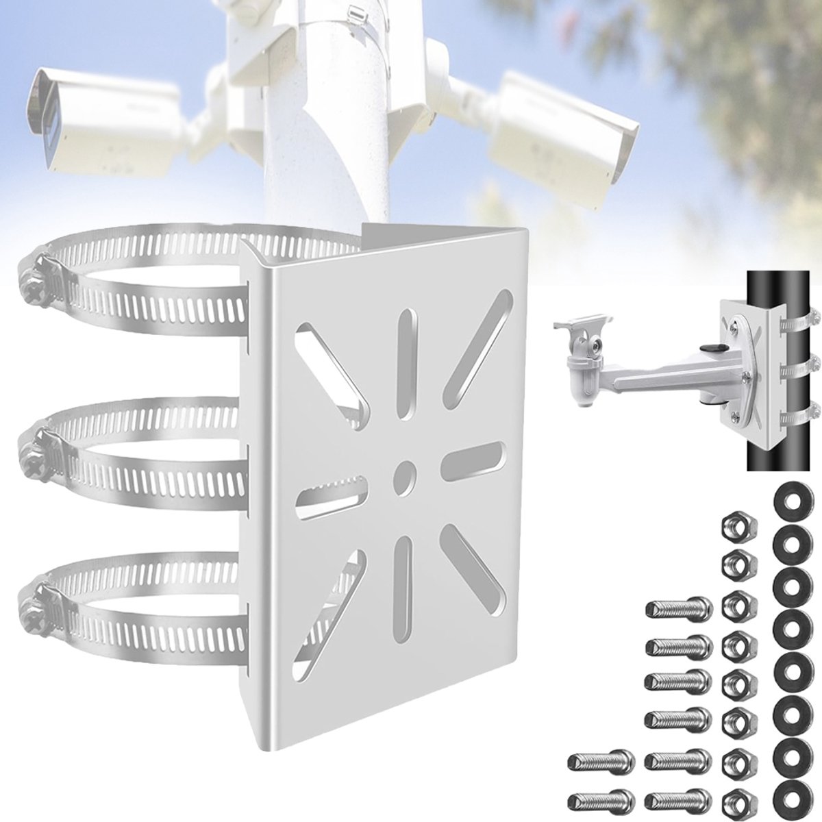 3-Klems Roestvrijstalen Bewakingsbeugel - Universele Paal- En Mastmontage Geschikt Voor Diverse Diameters Weerbestendig Duurzaam - Basis Van 110x98 mm - Voor De Installatie Van Beveiligingscamera's - Zilver