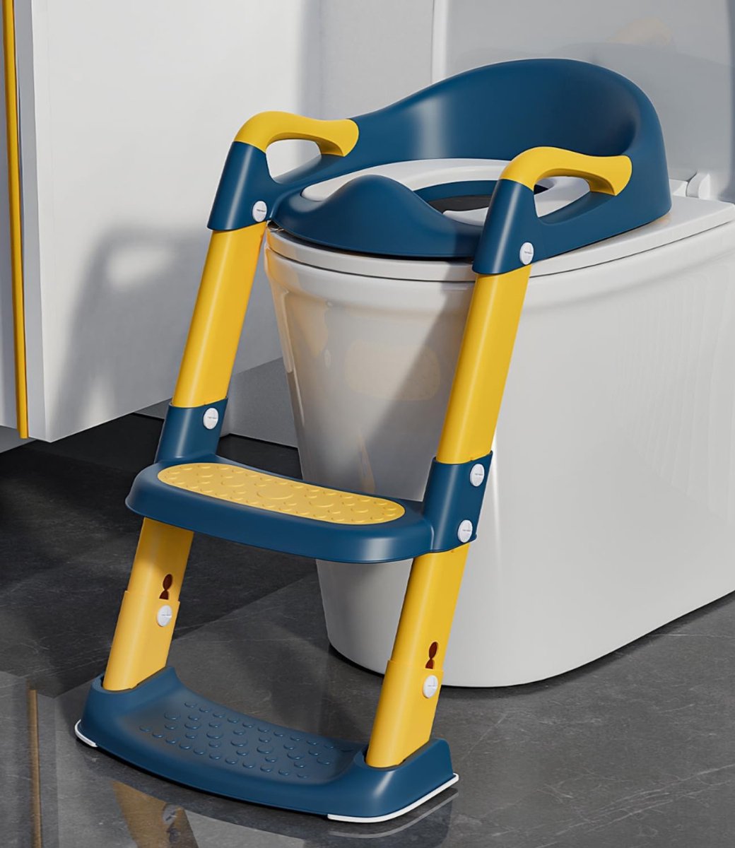 QUOVO® WC Verkleiner Met Trapje - Potje Peuter Met PU Bekleding - Brilverkleiner WC – Antislip Met Spatbescherming - Zindelijkheidstraining Kind - Opvouwbaar Plaspotje - Toiletverkleiner In Hoogte Verstelbaar