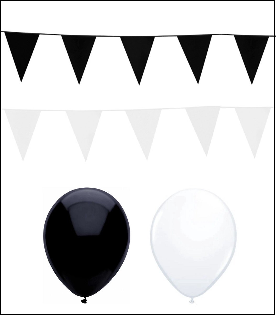 2x Vlaggenlijn zwart/wit 10 meter + 20 ballonnen zwart/wit - Versiering Slinger Feestdecoratie Decoratie