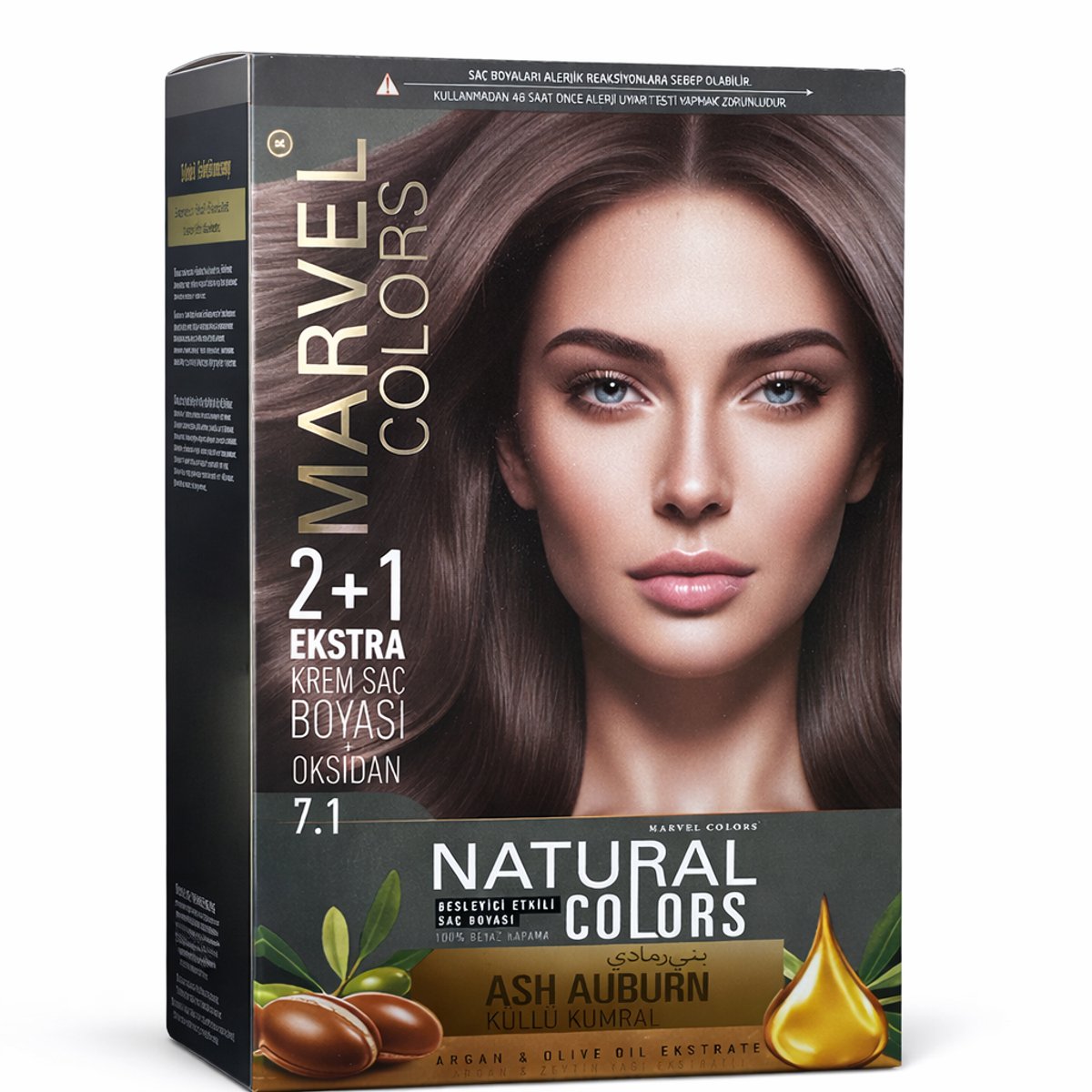 Marvel Natural Colors 7.1 Ash Auburn Asbruin Haarverf 2+1 Set – Voedende Permanente Crèmekleuring met Arganolie en Olijfolie, Intense Kleur, 100% Grijsdekking en Glanzend Resultaat
