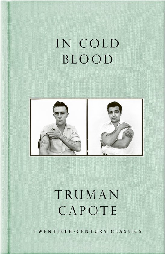 Boek 'In Cold Blood' van Truman Capote met twee portretten van mannen met tatoeages.