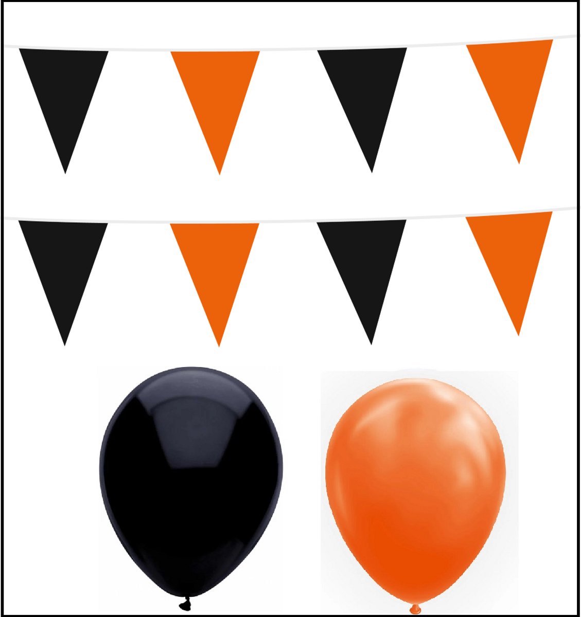 2x Vlaggenlijn oranje/zwart 10 meter + 20 ballonnen oranje/zwart - Versiering Slinger Feestdecoratie Decoratie