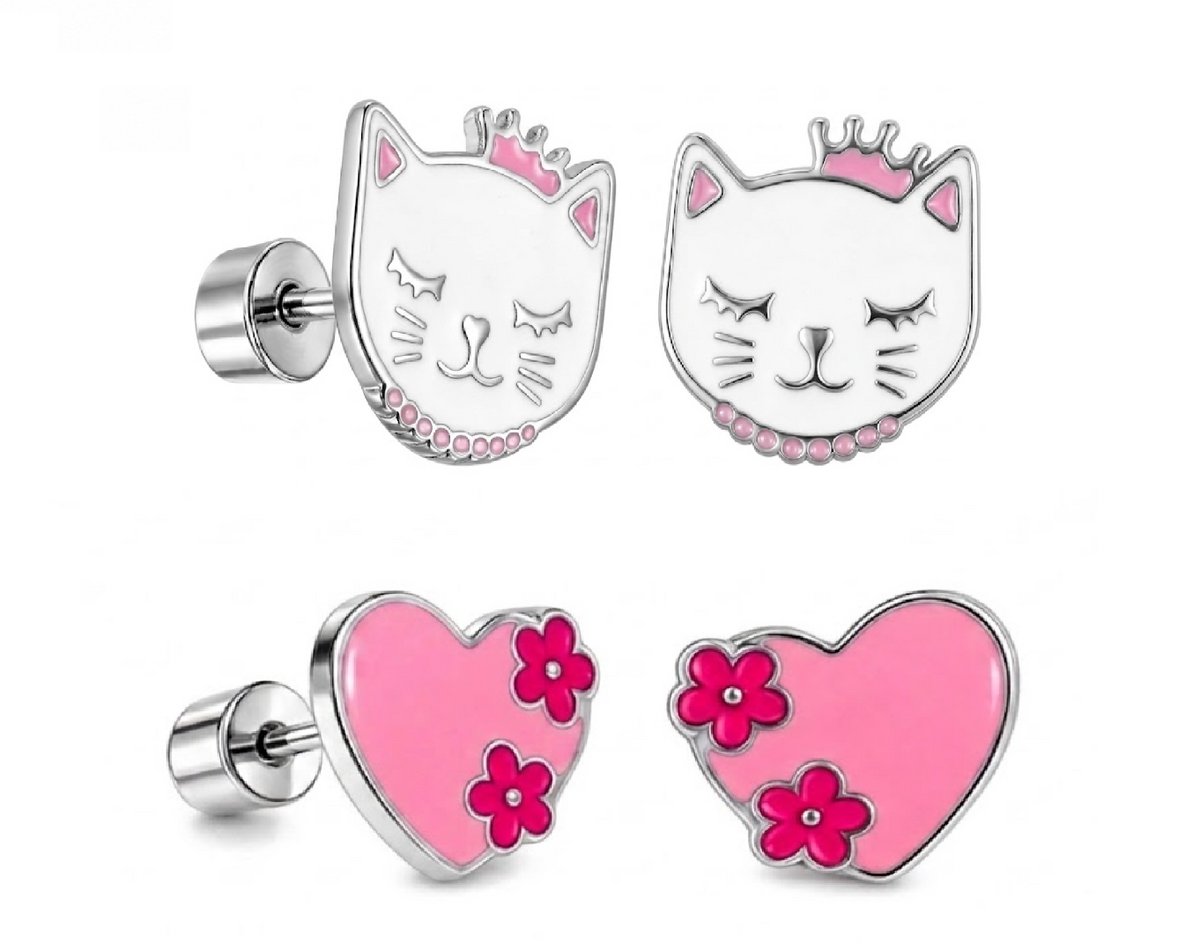 La Rosa Princesa Kinderoorbellen Set Hart Kat - 316L Chirurgisch Staal - Zilverkleurig