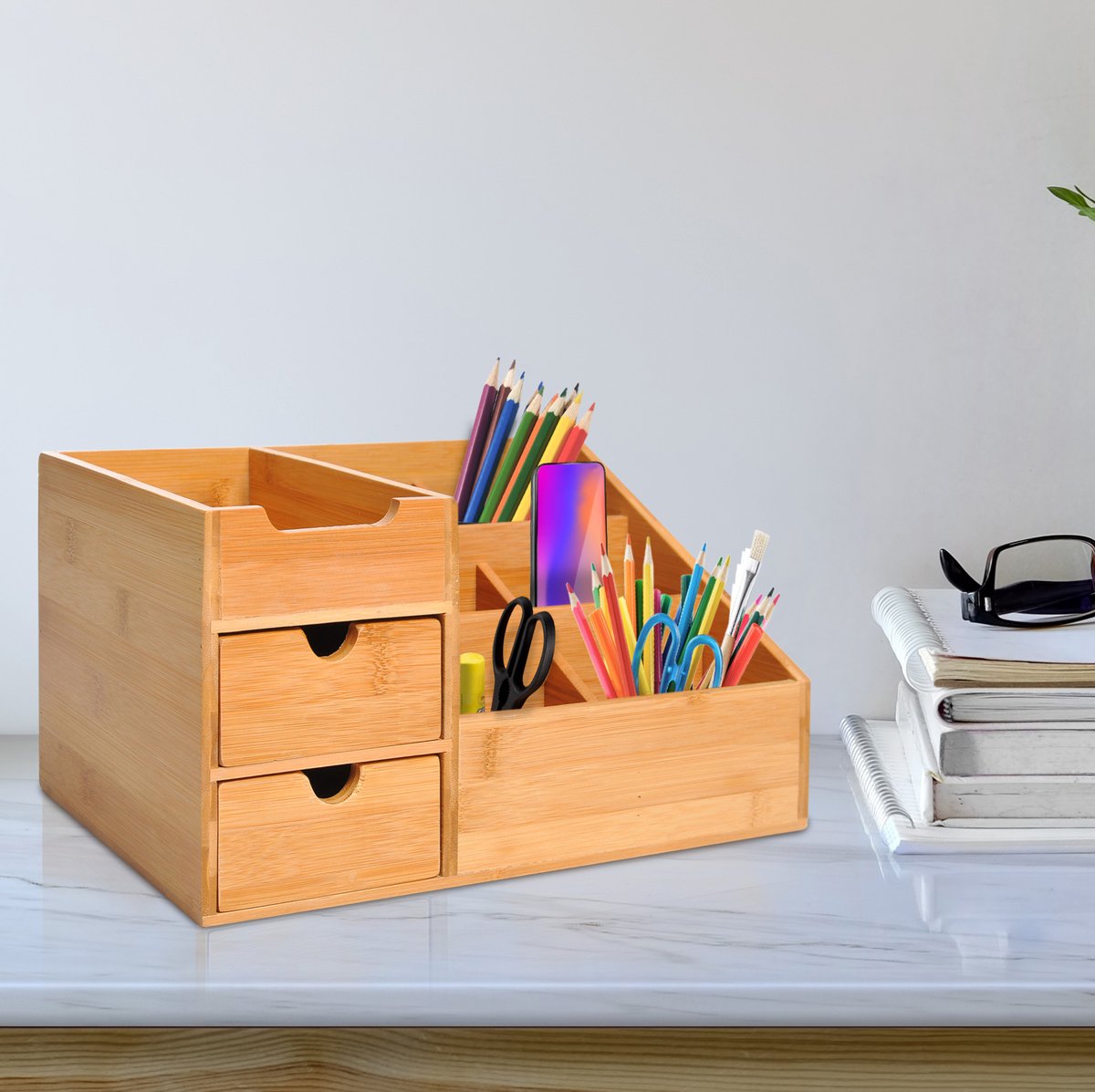 REDOM - Bureau organizer - Bamboe ontwerp - 2 lades en 7 vakken - Opbergbox voor bureau - Natuurlijke stijl - Kantoor - Bamboe - Natuurlijk - 33 x 20,5 x 15,5 cm