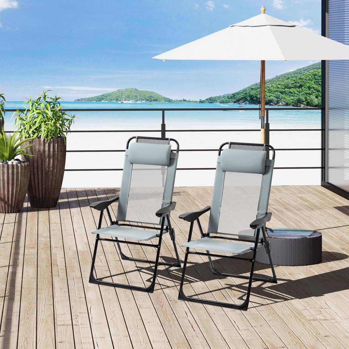 REDOM - Tuinstoel - Verstelbare rugleuning - Inklapbaar - Met armleuningen - Voor tuin, balkon en terras - Staal en stof - Grijs - 62 x 70 x 109 cm