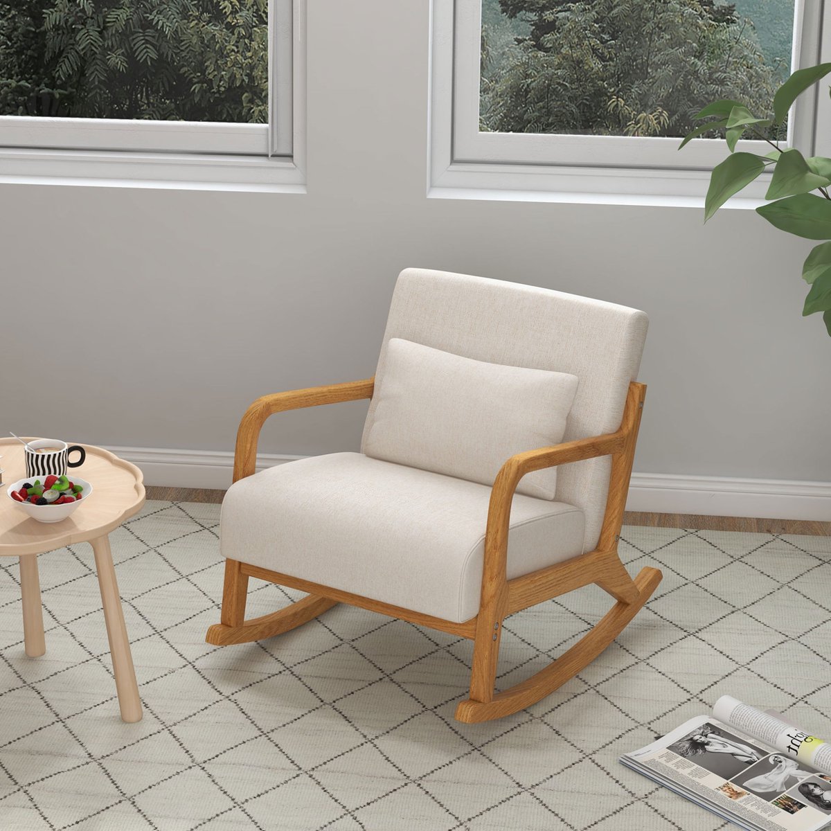 REDOM - Schommelstoel fauteuil - Houten frame - Schommelfunctie - Met armleuningen en lendensteun - Scandinavische stijl - Woonkamer of slaapkamer - Hout - Crème wit - 64,5 x 92 x 81,5 cm