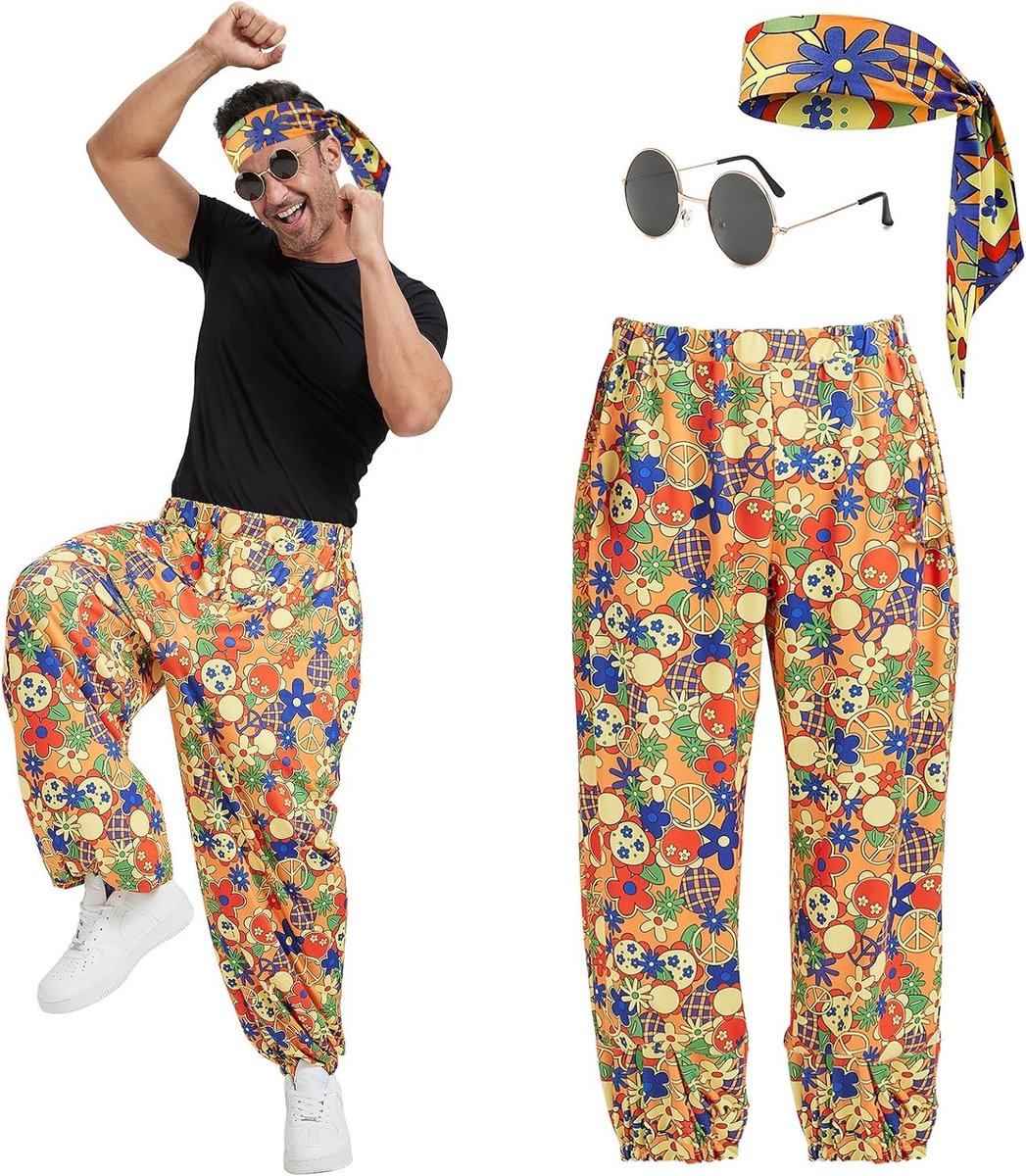 Vintage Hippie Kostuum voor Mannen met Broek, Hoofdband en Zonnebril - 60s 70s 80s Carnavalsoutfit en Accessoires voor Feestjes en Themadagen