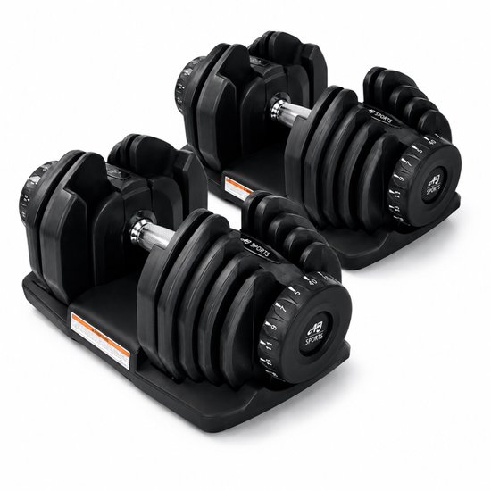 Zwarte verstelbare dumbbells met gewichten op een zwarte standaard.