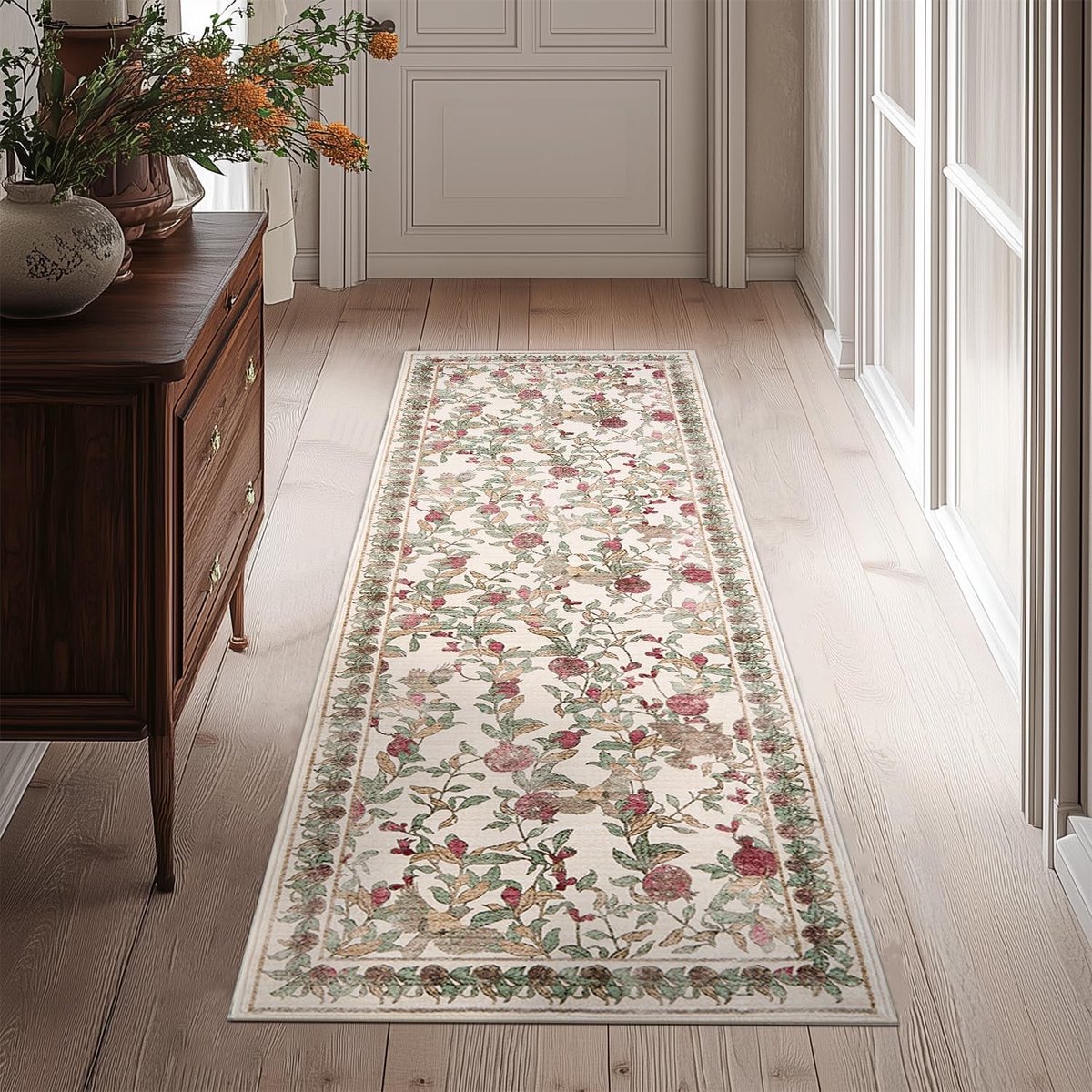 Elzusha Wasbaar Bloemen Vloerkleed 90x150cm Retro Rood-Groen