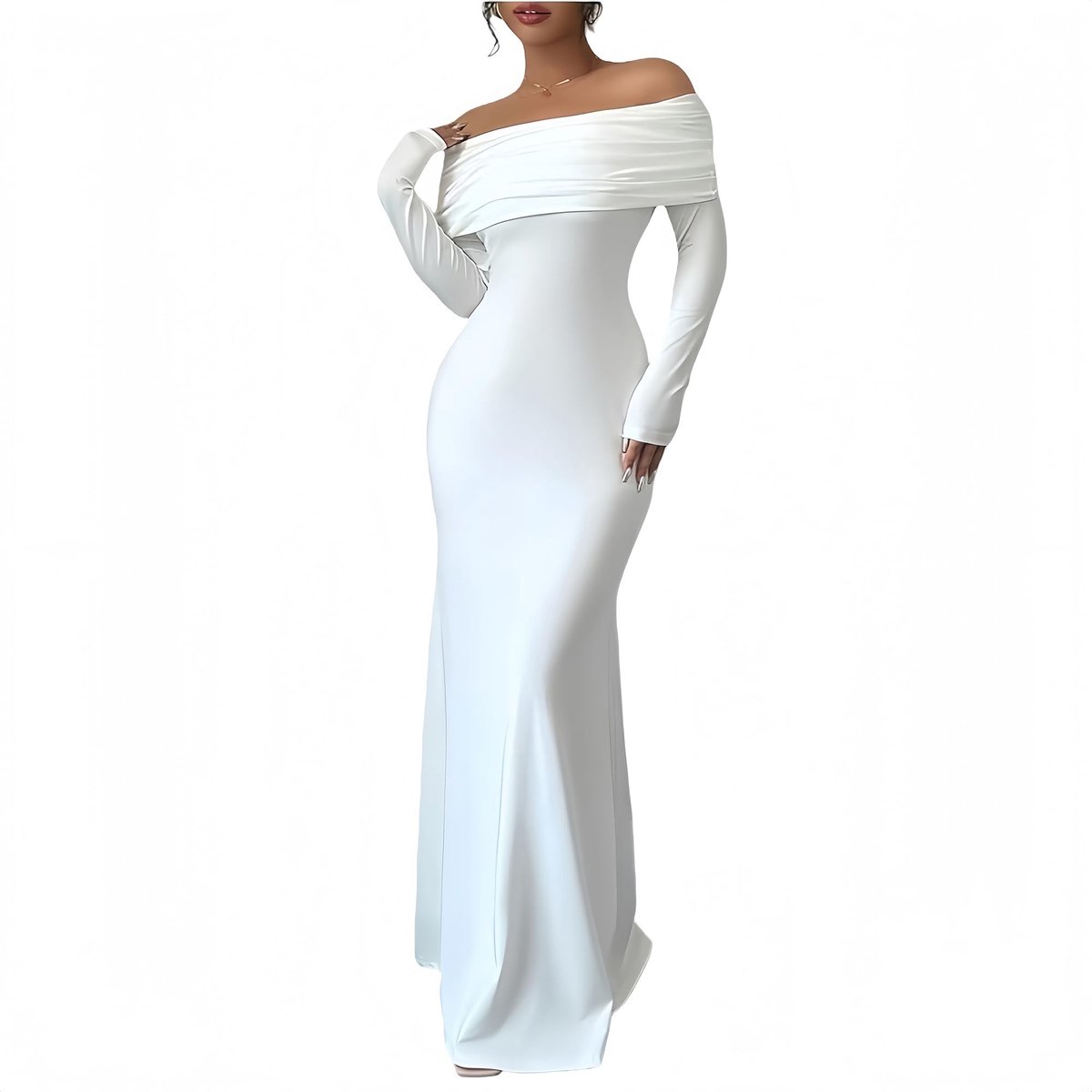 Elzusha - Off Shoulder Maxi Cocktail Dress - Elegante Lange Mouwen - Wit