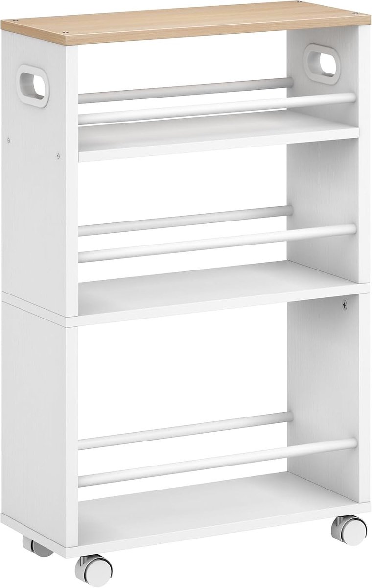 4-laagse Keuken Trolley met 360° Draaibare Wielen en Handgrepen voor Keuken, Badkamer en Woonkamer - Wit en Natuurlijk Hout, Compact en Functioneel 45 x 15 x 80 cm