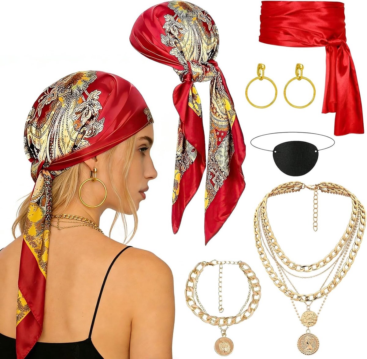 Piratenkostuum voor Vrouwen met Accessoires Set: Hoofddoek, Ketting, Armband, Riem, Oorbellen en Ooglap voor Carnaval, Cosplay en Halloween Feesten