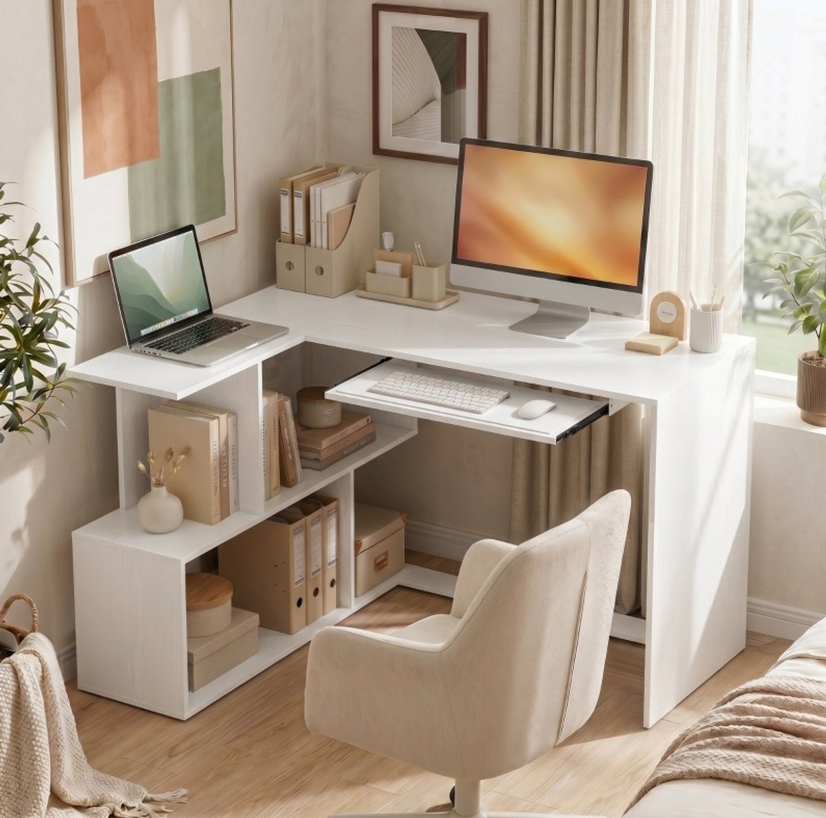 OKWISH Hoekbureau - L-Vormig Computebureau Met Toetsenbordlade En Open Vakken - Voor Thuis En Kantoor - Wit Houtlook - 120 X 100 X 76 Cm