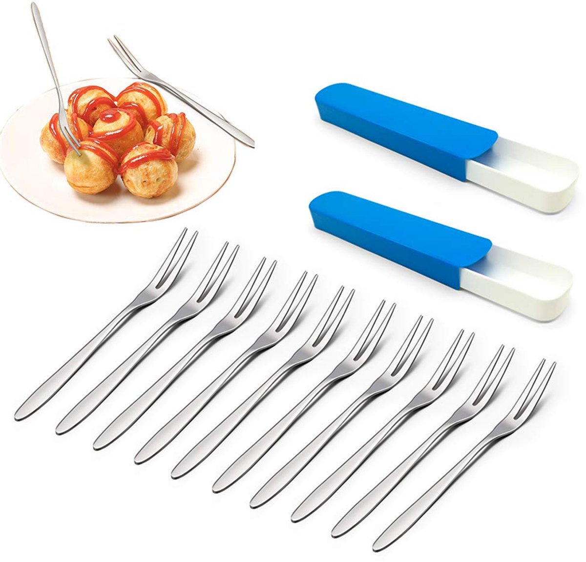 Elzusha- Dessertvorkjes 10 Stuks - Gepolijst Roestvrij Staal - Opbergdoos - Geschikt Voor Fruit/Snacks - Duurzaam/Stevig - Makkelijk Schoon Te Maken - Fruitvork