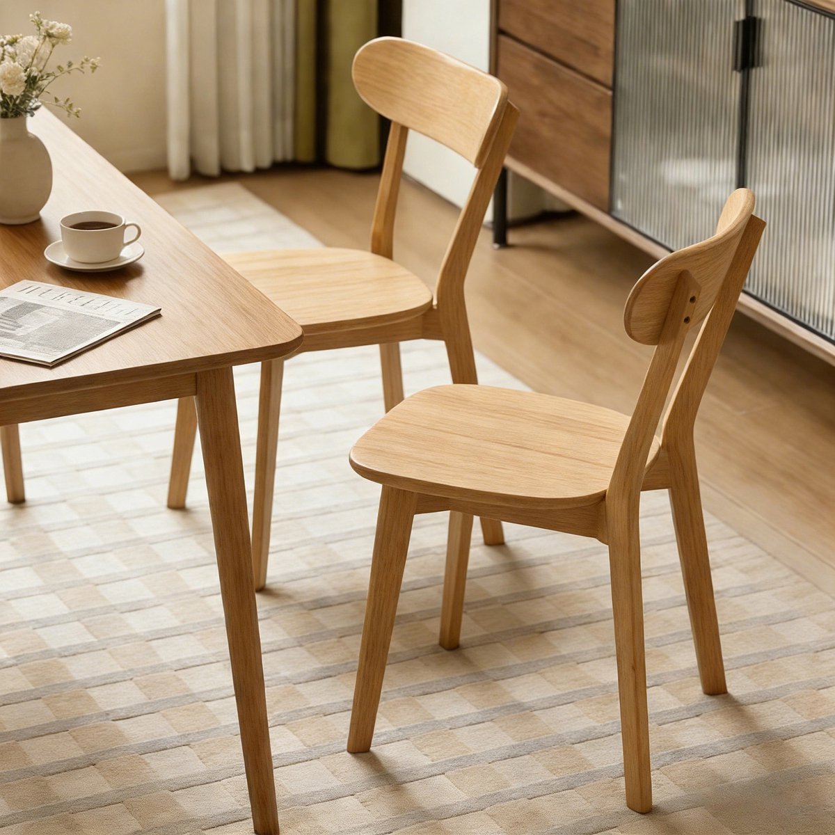 VVBV Set van 2 Eetkamerstoelen - Gebogen Rugleuning, Ergonomisch, Antislip Voeten - Houtkleur, Massief Hout