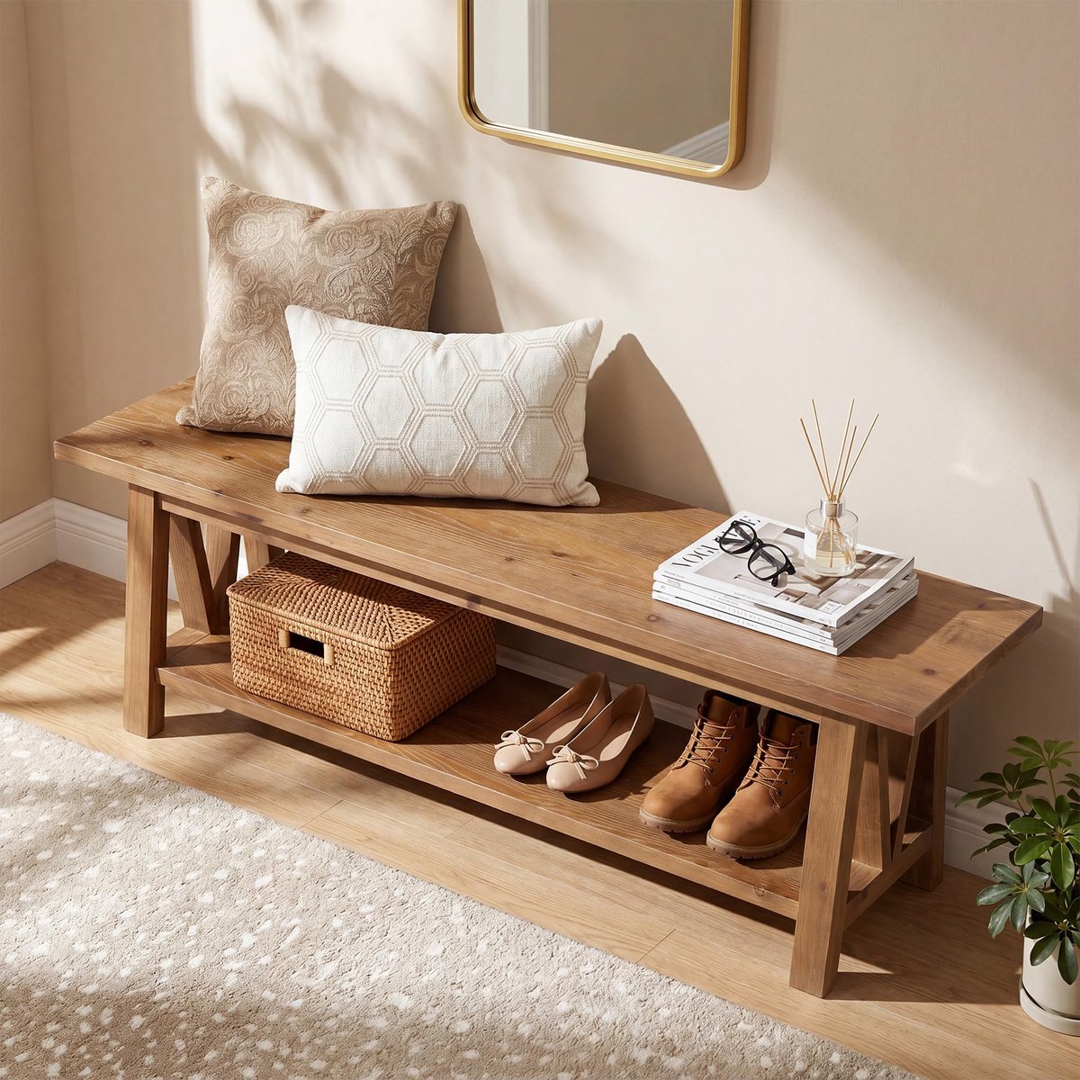 LITTLE TREE Halbank - 140 x 35 x 45 cm - Massief Hout - Open Opbergplanken - A‑Frame - Landelijke Stijl -Bruin