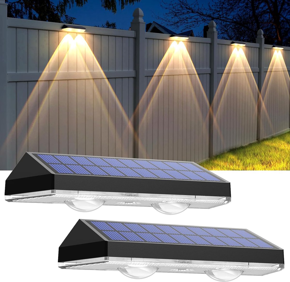 Solar-hekverlichting – Set van 2 solarlampen voor buiten met 3 standen (warm wit / daglichtwit / koel wit); geschikt voor terrassen, hekken, trapleuningen, zwembaden en muren.