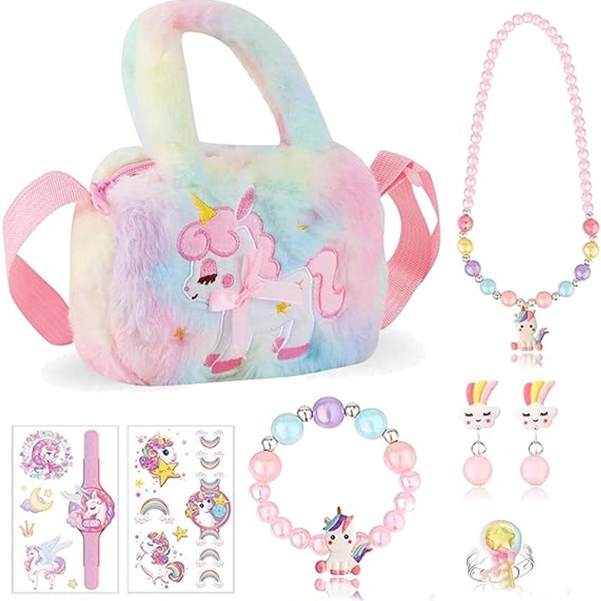 casalora - Unicorn cadeauset voor meisjes – 9-delige crossbody tas & sieradenset – Regenboog pluchen unicorn prinsessenketting, armband, ringen, oorbellen, stickers & handtas accessoires