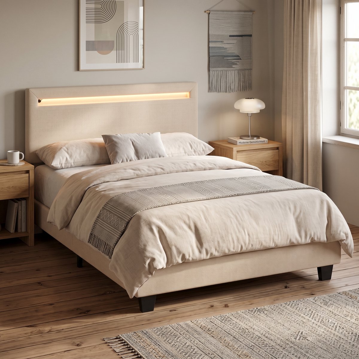 Xbro Gestoffeerd Bed 120 x 200 cm – met Bedhoofdbord LED-Verlichting – Tweepersoonsbed met Hoofdbord en Lattenbodem – Beige
